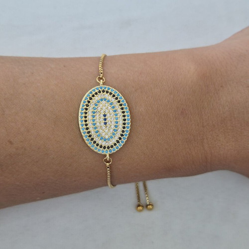 Gold Bracelet with Oval Evil Eye Motif, New, Blue and Gold