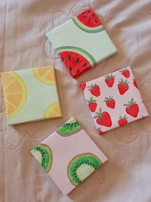 Set of 4 Handmade Mini Paintings with Fruit Designs, New