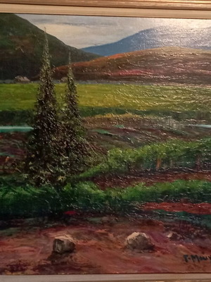Oil painting by G. Mougios in excellent condition with large vintage frame