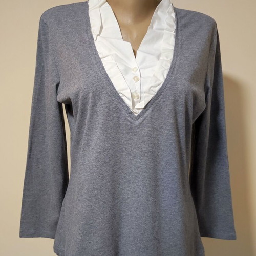 Gerry Weber 2-in-1 mock shirt jumper with ruffle collar, grey, size UK 14 EU 40