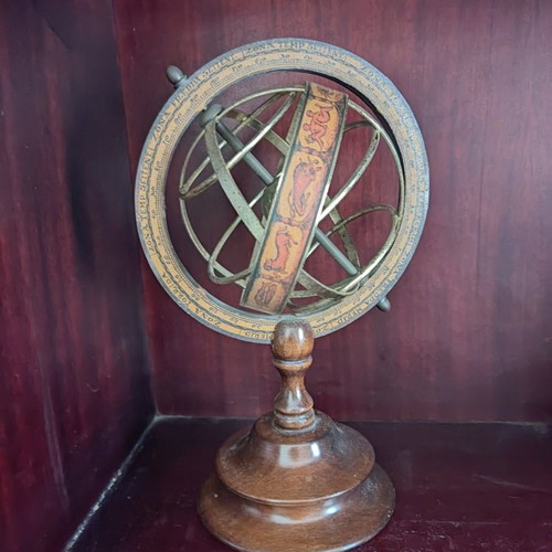 Italian wooden globe used with zodiac and astrolabe