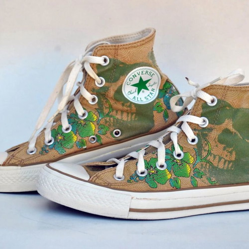 Converse All Star High Top Canvas Sneakers used, floral skull design, size 38