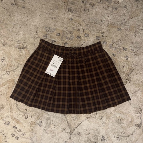 Zara brown plaid pleated mini skirt with elastic tie front waist new