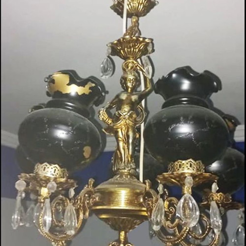Bronze lamps and chandeliers with angels used, set of 4 pieces