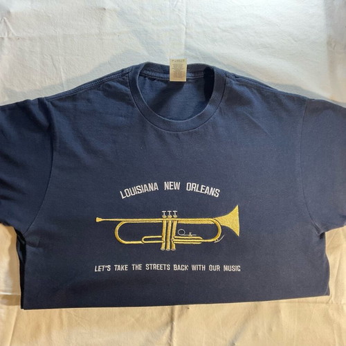 T-shirt with Vector Trumpet Design and Text new, blue and gold, size M