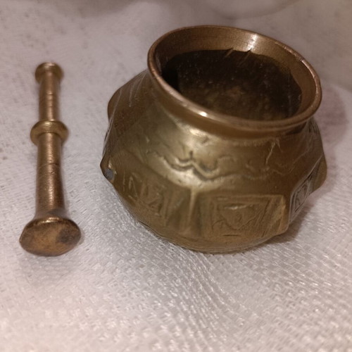 Brass mortar with pestle used, handmade, 1950s vintage