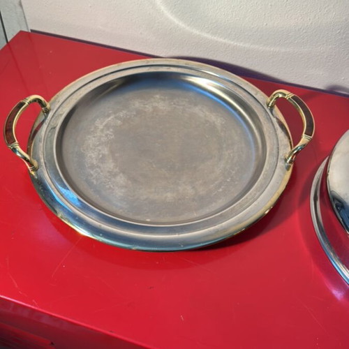 Stainless Steel Serving Tray with Lid used, gold details, 30 cm