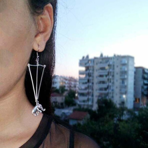 Handmade Long Geometric Triangle Earrings with Elephant Charm Steel New Silver