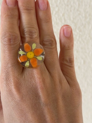 Flower ring handmade painting on glass adjustable, like new, yellow orange