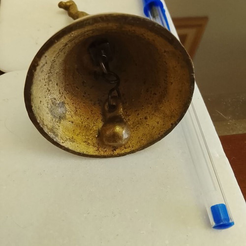 Vintage brass handbell with animal-shaped handle, used, functional
