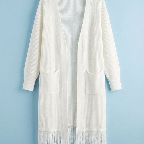 Long cardigan with fringes new, ecru