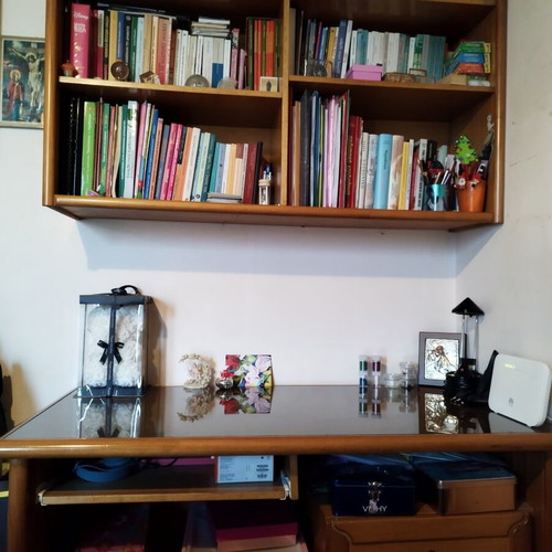 Wooden desk with glass and three drawers and bookshelf set like new