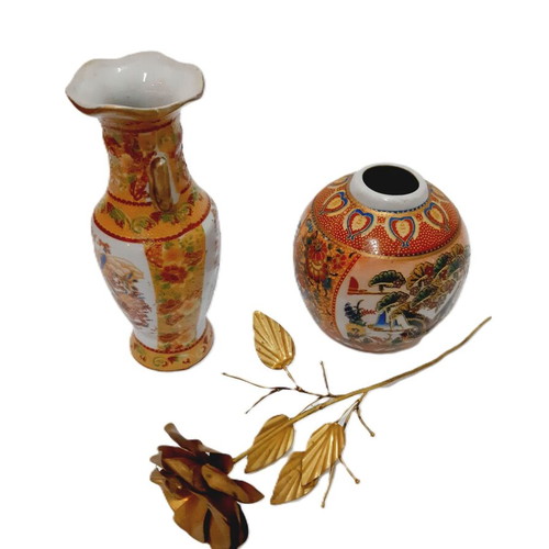 Chinese porcelain vases vintage set with brass rose like new