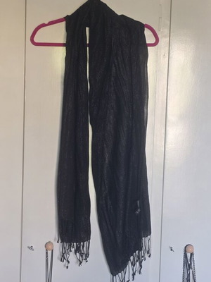 Women's black metallic shimmer scarf shawl with tassels used