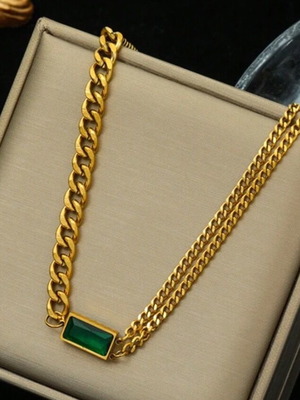 Steel necklace with green stone and thick gold chain new