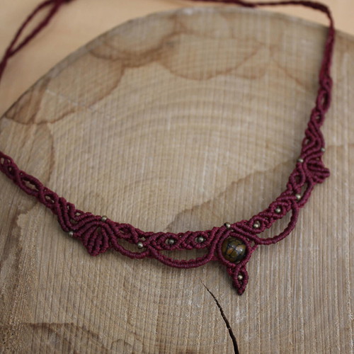 Macrame necklace handmade burgundy with semi-precious stone and bronze beads new