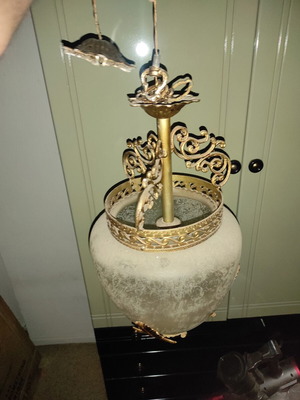 Vintage ceiling light with gold metal details and glass base
