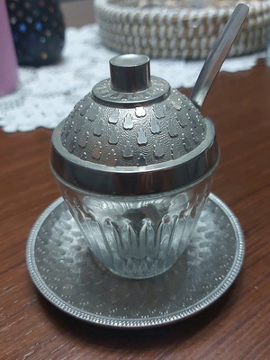 Vintage glass sauce bowl with metal lid, saucer and spoon like new
