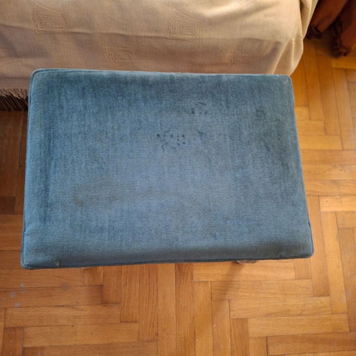 Wooden vintage antique stool 1970, petrol velvet patina