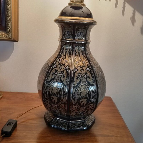 Vintage table lamp with dark blue porcelain base, Decor Exclusif style