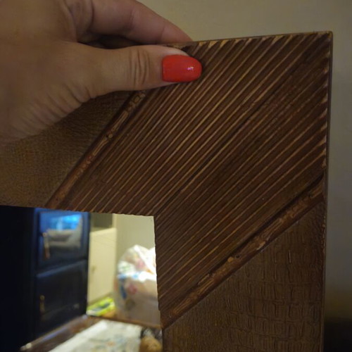Wooden mirror used with leather decorative details, 51x76 cm