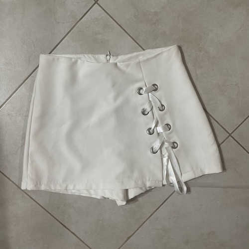 Fabric shorts skirt with drawstrings, white, size M