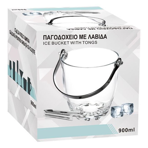 Glass ice bucket transparent with metal tongs new