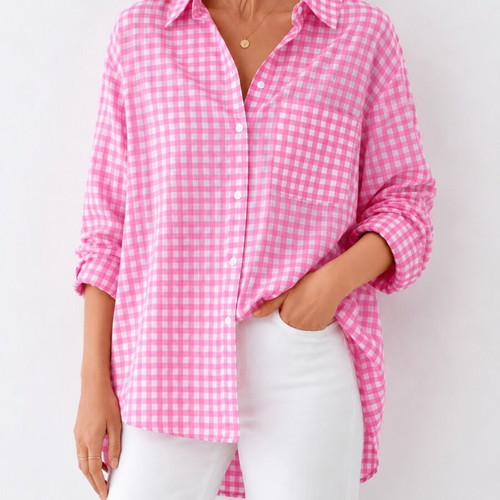 Women Pink Gingham Button-Up Cotton Shirt XL