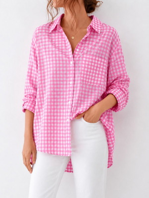 Women Pink Gingham Button-Up Cotton Shirt XL