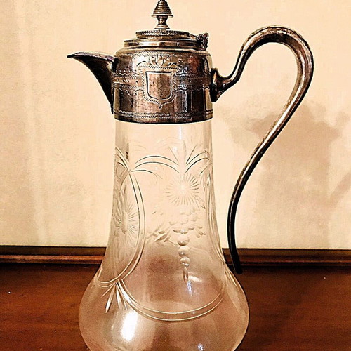 Vintage carafe used with engraved glass and silver-plated metal