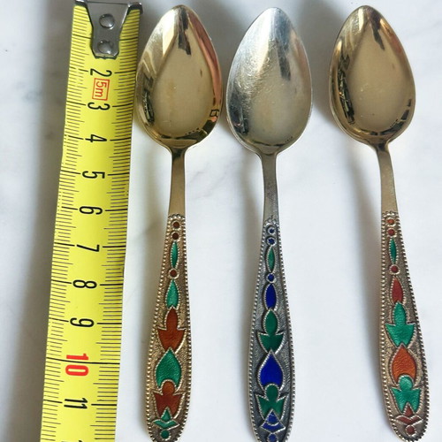 Set of 3 Soviet Silver 875 Spoons with Enamel