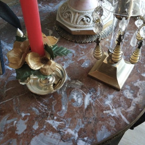 Decorative tables with handmade marquetry and red marble, like new, set of 2