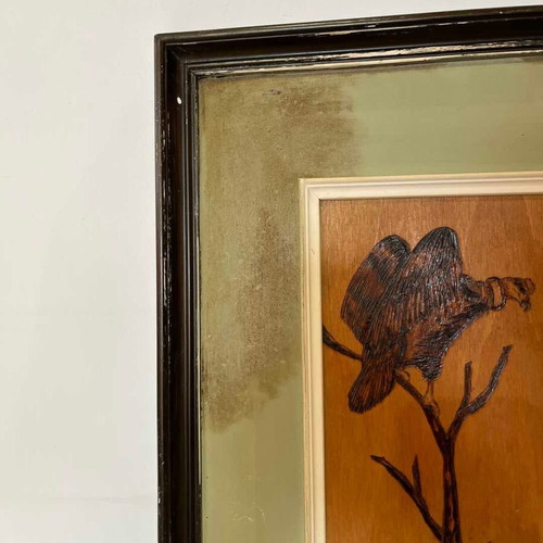 Vintage pyrography wall frame with vulture and elderly man, artist signature, 43x44