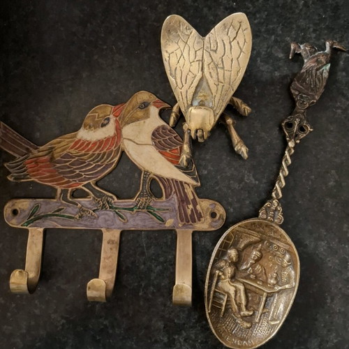 Vintage brass enamel wall decor for birds, vintage bronze box and decorative spoon used