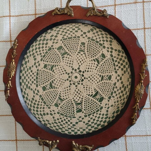 Serving tray like new with handmade doily, brass and wood