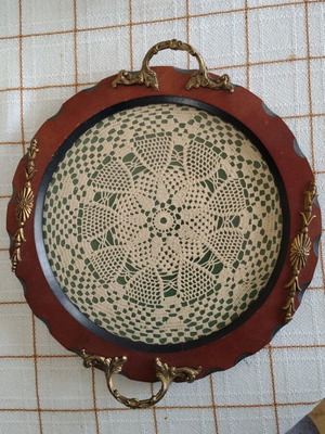 Serving tray like new with handmade doily, brass and wood