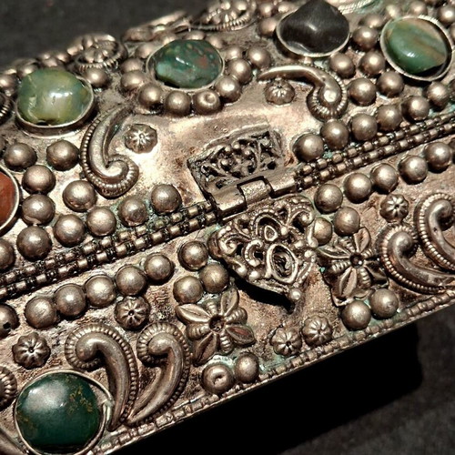 Vintage Moroccan Handmade Jewelry Box with Natural Semi-Precious Stones