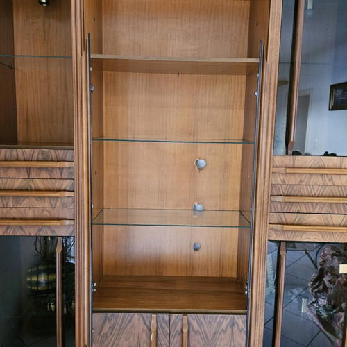 Vintage illuminated walnut display cabinet used, 1960s–70s