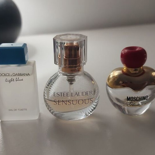 Set of 5 Used Miniature Perfumes by Guy Laroche, Dolce & Gabbana, Estee Lauder, Moschino, Bvlgari