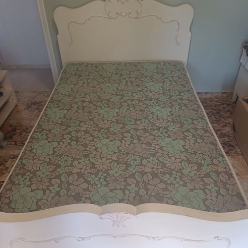 Semi-double bed with mattress used, solid wood chalk white