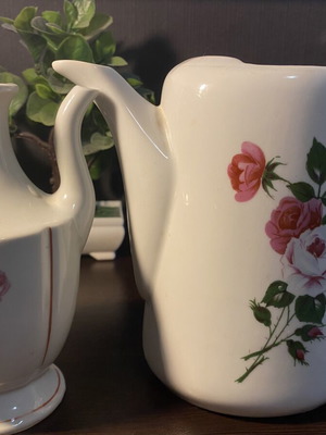 Retro porcelain jug and vase set used, floral decoration