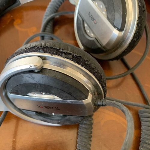 Turbo X headphones used with coiled cable and 3.5mm jack plug