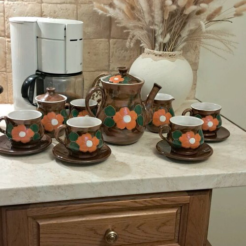 Handmade ceramic tea and coffee set like new, brown orange green