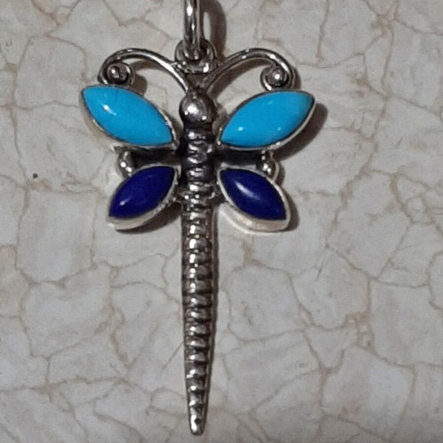 Dragonfly pendant sterling silver 925 with lapis lazuli and authentic turquoise new