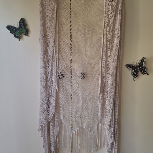 Boho sleeveless kimono like new, beige, asymmetrical with fringes