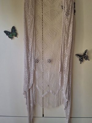 Boho sleeveless kimono like new, beige, asymmetrical with fringes