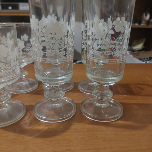Vintage Italian crystal glasses with white floral engraving