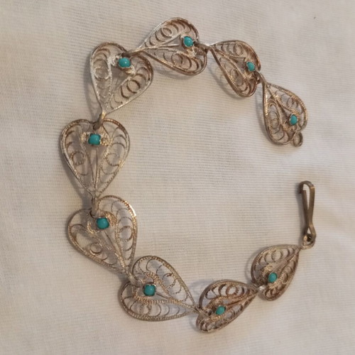 Vintage handmade jewelry set used, genuine silver with turquoise stones
