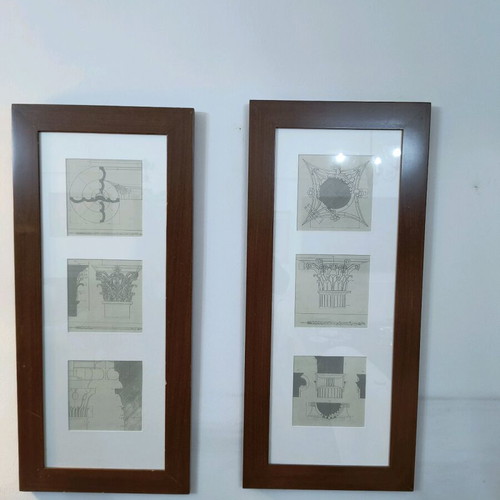 Engraving architectural drawings panels like new, dimensions 90x40cm