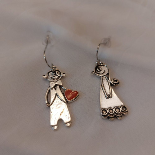 Earrings Boy & Girl with Heart silver tone like new